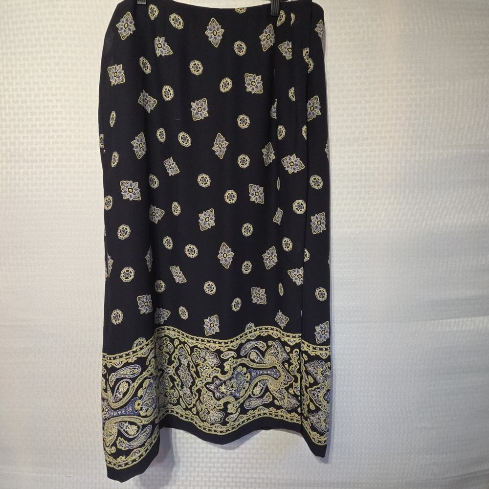 Chaus Woman Black Gold Blue Paisley Faux Wrap Midi Skirt Lined Office Elastic
